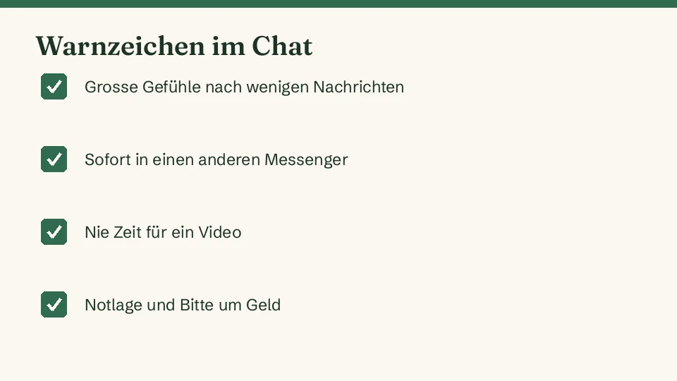 Warnzeichen für Liebesbetrug im Chat