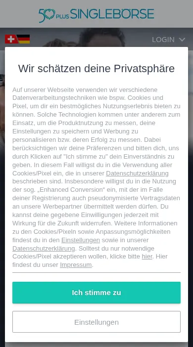 50plus Singlebörse Erfahrungen: mobile Startseite von 50plus-singleboerse.ch auf dem Handy