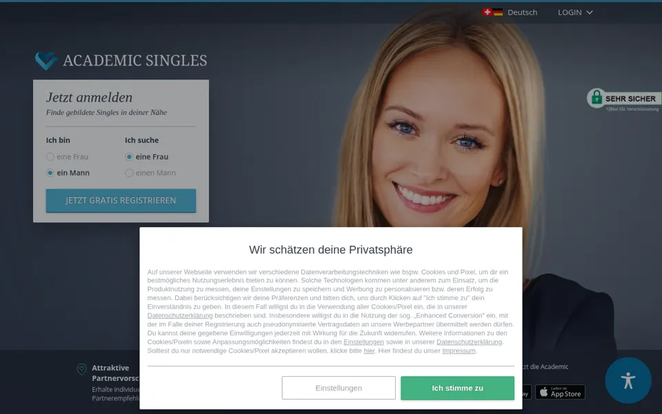 Academic Singles Erfahrungen: Startseite von academicsingles.ch mit Anmeldung