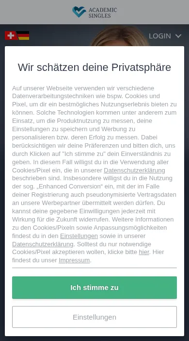 Academic Singles Erfahrungen: mobile Startseite von academicsingles.ch auf dem Handy